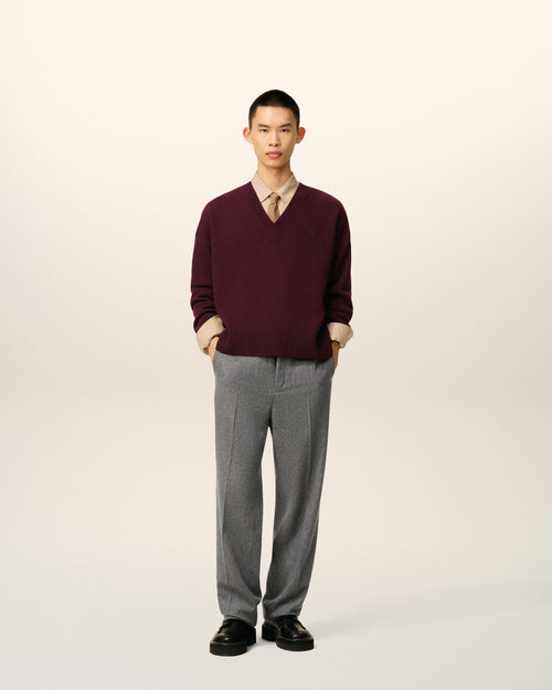 Burgundy Wool Ami De Coeur V Neck Sweater - 2 - Ami Paris