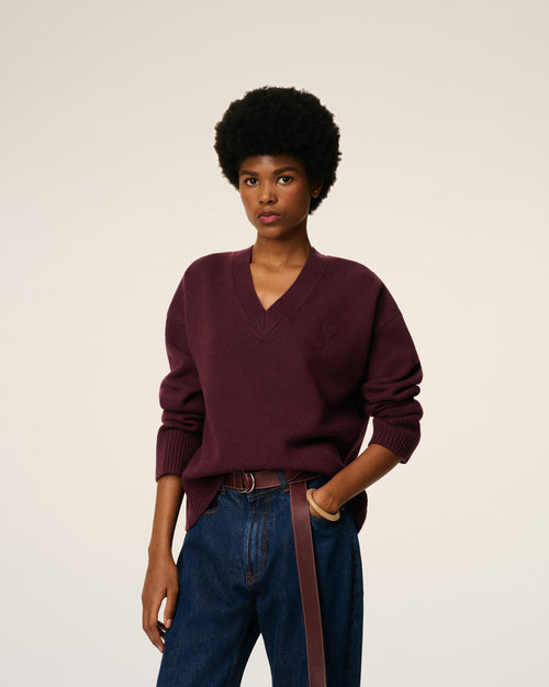 Burgundy Wool Ami De Coeur V Neck Sweater - 9 - Ami Paris