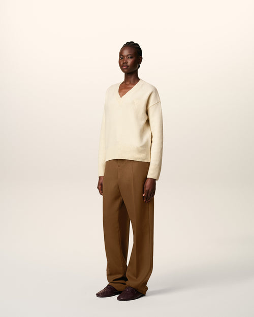 White Wool Ami De Coeur V Neck Sweater - 12 - Ami Paris