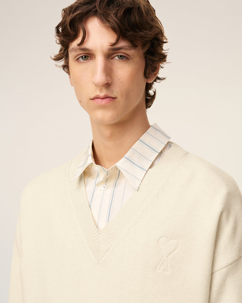 White Wool Ami De Coeur V Neck Sweater - 4 - Ami Paris