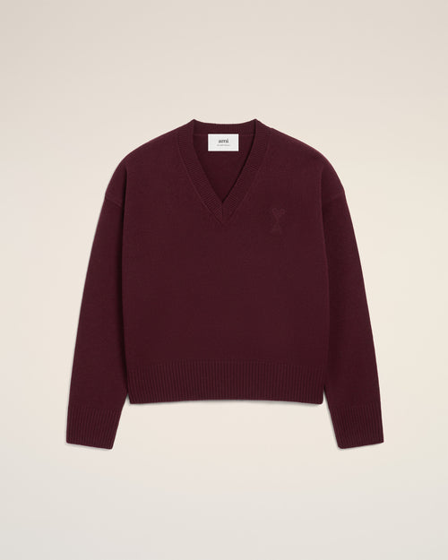 Burgundy Wool Ami De Coeur V Neck Sweater - 1 - Ami Paris