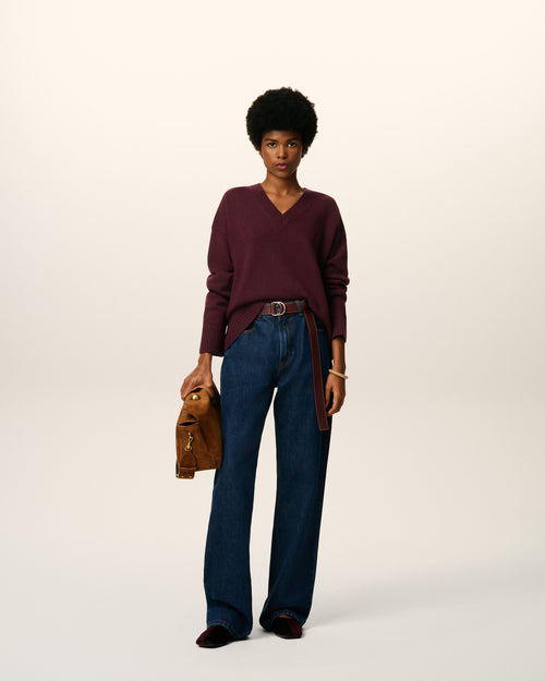                                     Burgundy Wool Ami De Coeur V Neck Sweater - 3                                 - Ami Paris