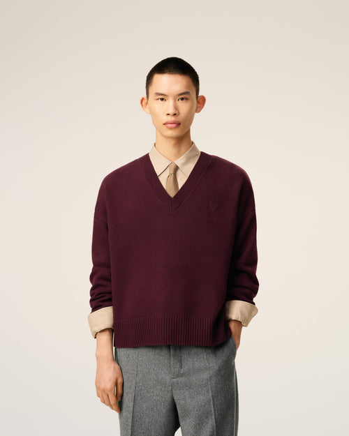 Burgundy Wool Ami De Coeur V Neck Sweater - 3 - Ami Paris
