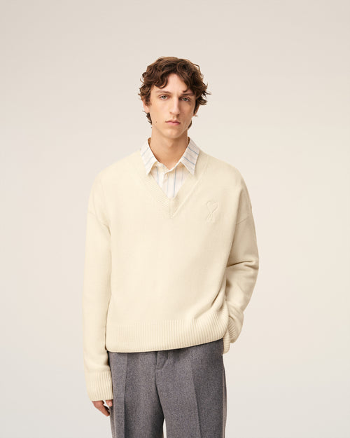 White Wool Ami De Coeur V Neck Sweater - 3 - Ami Paris