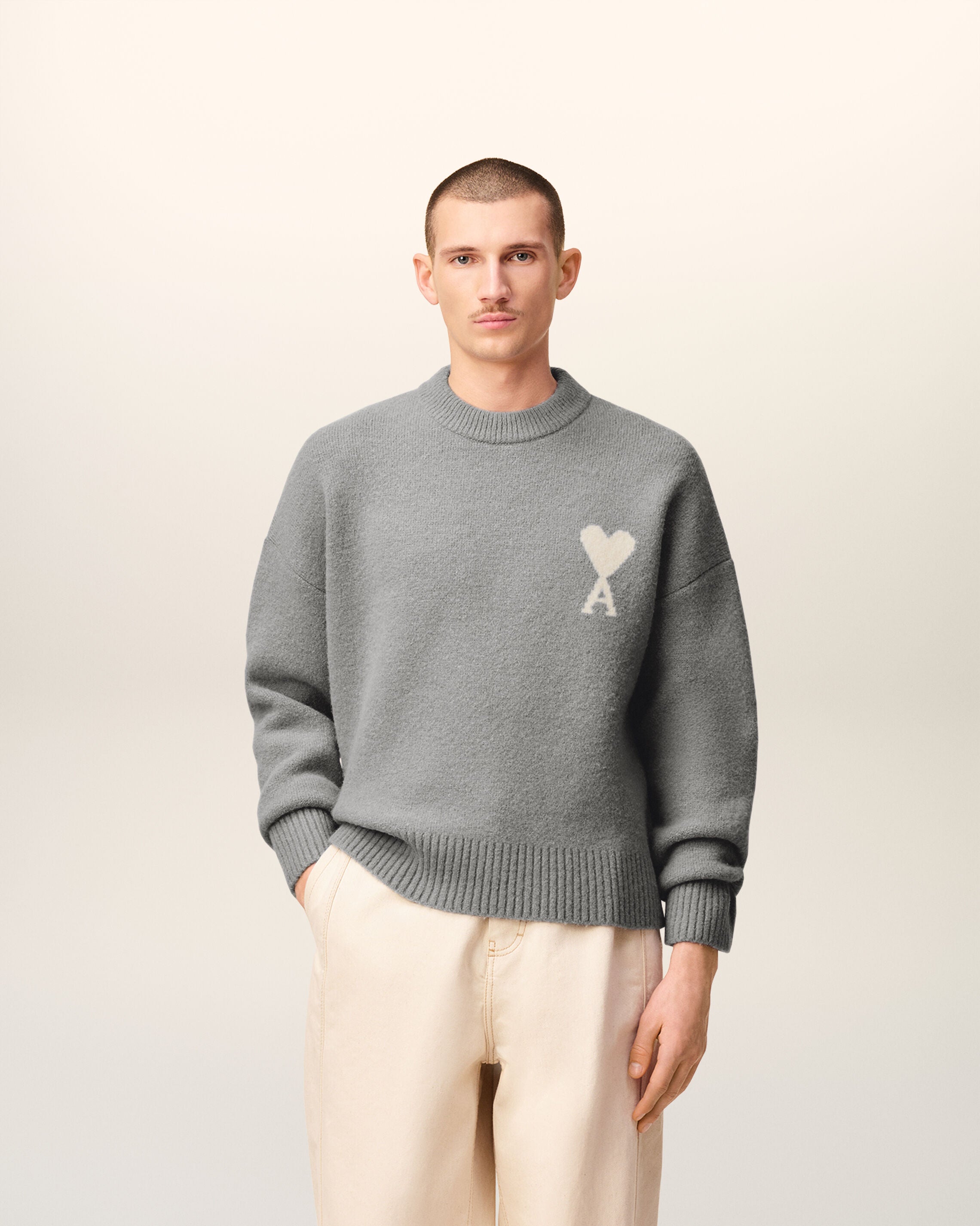 GREY/OFF WHITE Grey Alpaca Ami De Coeur Crewneck Sweater | AMI PARIS