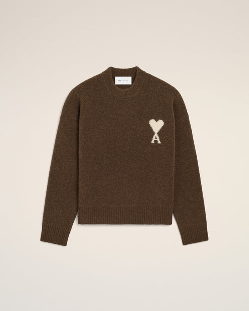 Brown crewneck alpaca sweater with Ami de Coeur - CHOCOLATE BROWN/ECRU - Ami Paris