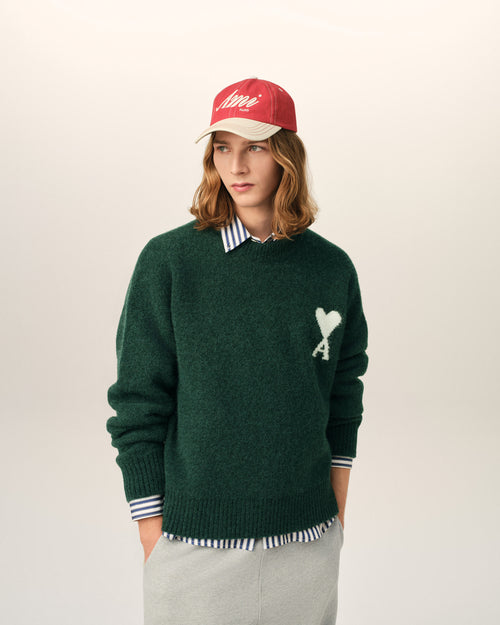 Green crewneck alpaca sweater with Ami de Coeur - 1 - Ami Paris