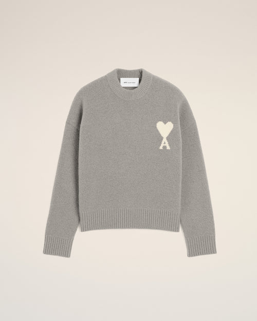 Grey crewneck alpaca sweater with Ami de Coeur - ASH GRAY/ECRU - Ami Paris