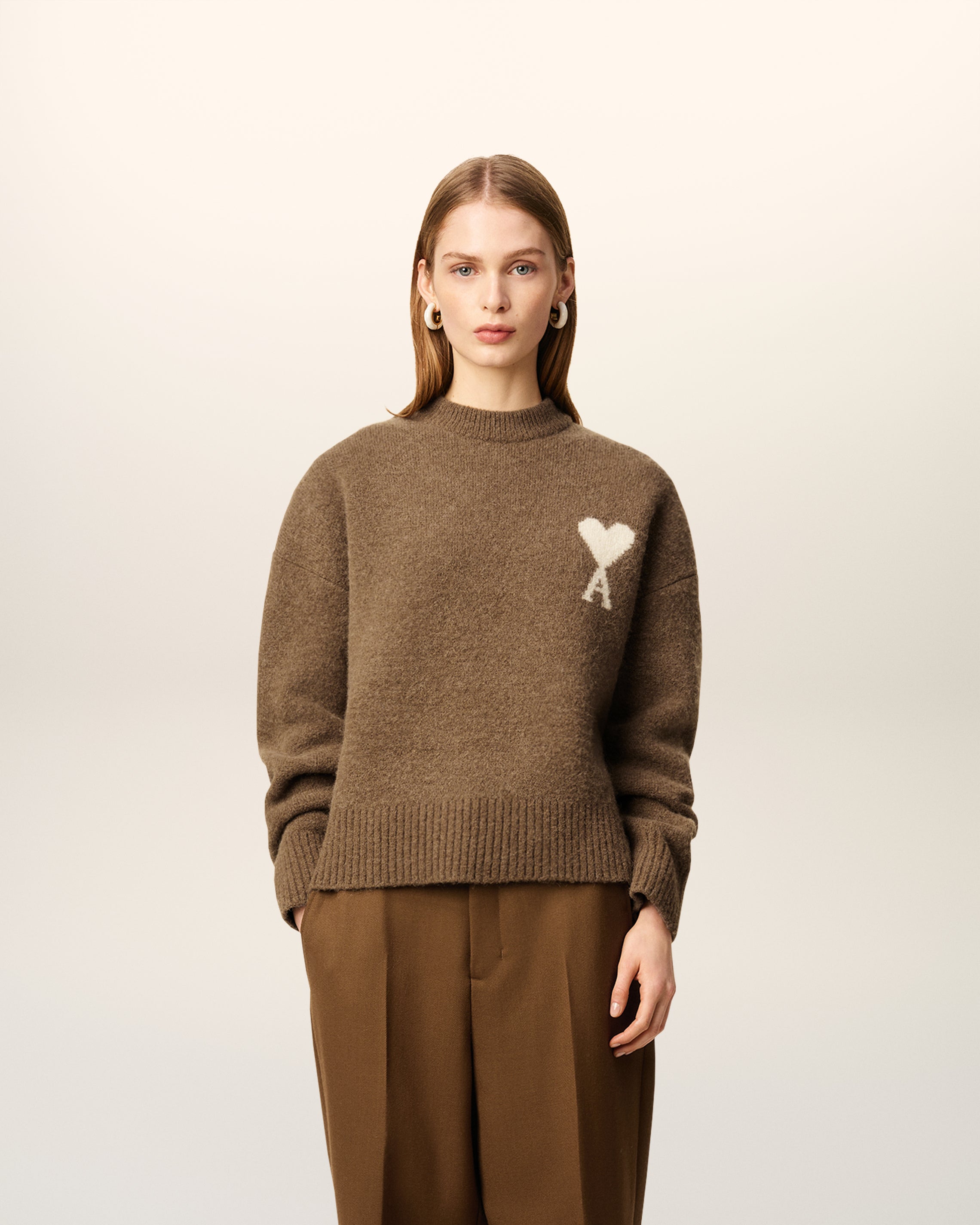 HAZELNUT/OFF WHITE Brown Alpaca Ami De Coeur Crewneck Sweater