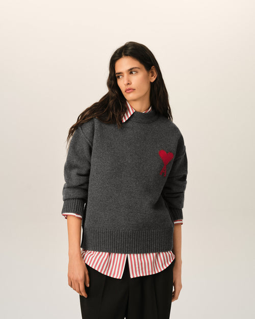 Grey crewneck wool sweater with Ami de Coeur - Woman - 8 - AMI Paris - Ami Paris
