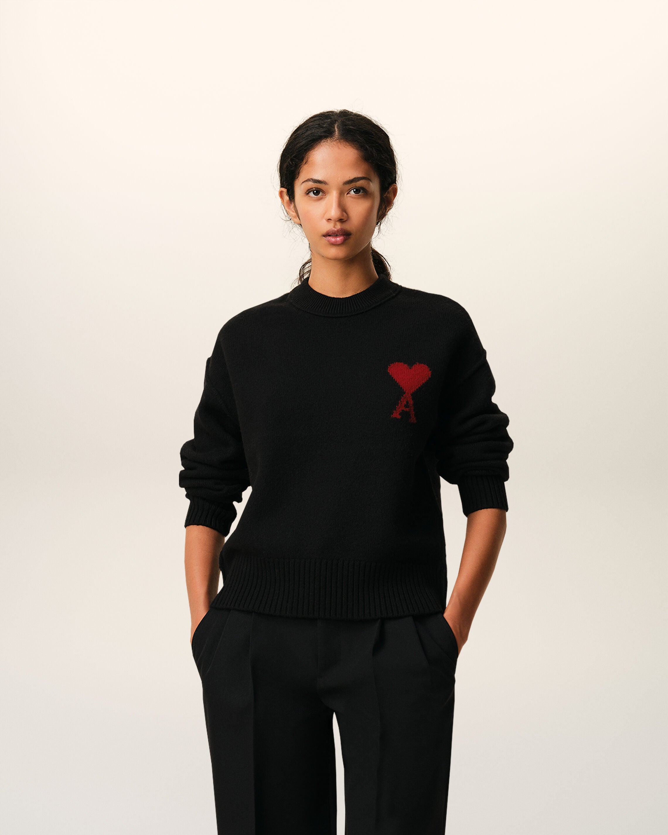 Black Wool Crewneck Sweater With Contrasted Ami De Coeur - 8