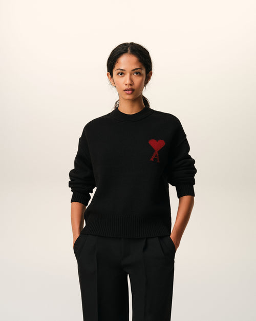 Black Wool Crewneck Sweater With Contrasted Ami De Coeur - Woman - 8 - AMI Paris - Ami Paris