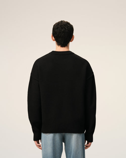 Black Wool Crewneck Sweater With Contrasted Ami De Coeur - Man - 5 - AMI Paris - Ami Paris