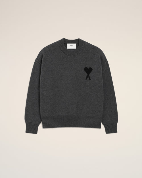 Ami De Coeur Pullover mit Rundhalsausschnitt aus grauer Wolle - HEATHER GREY / SCHWARZ - Ami Paris