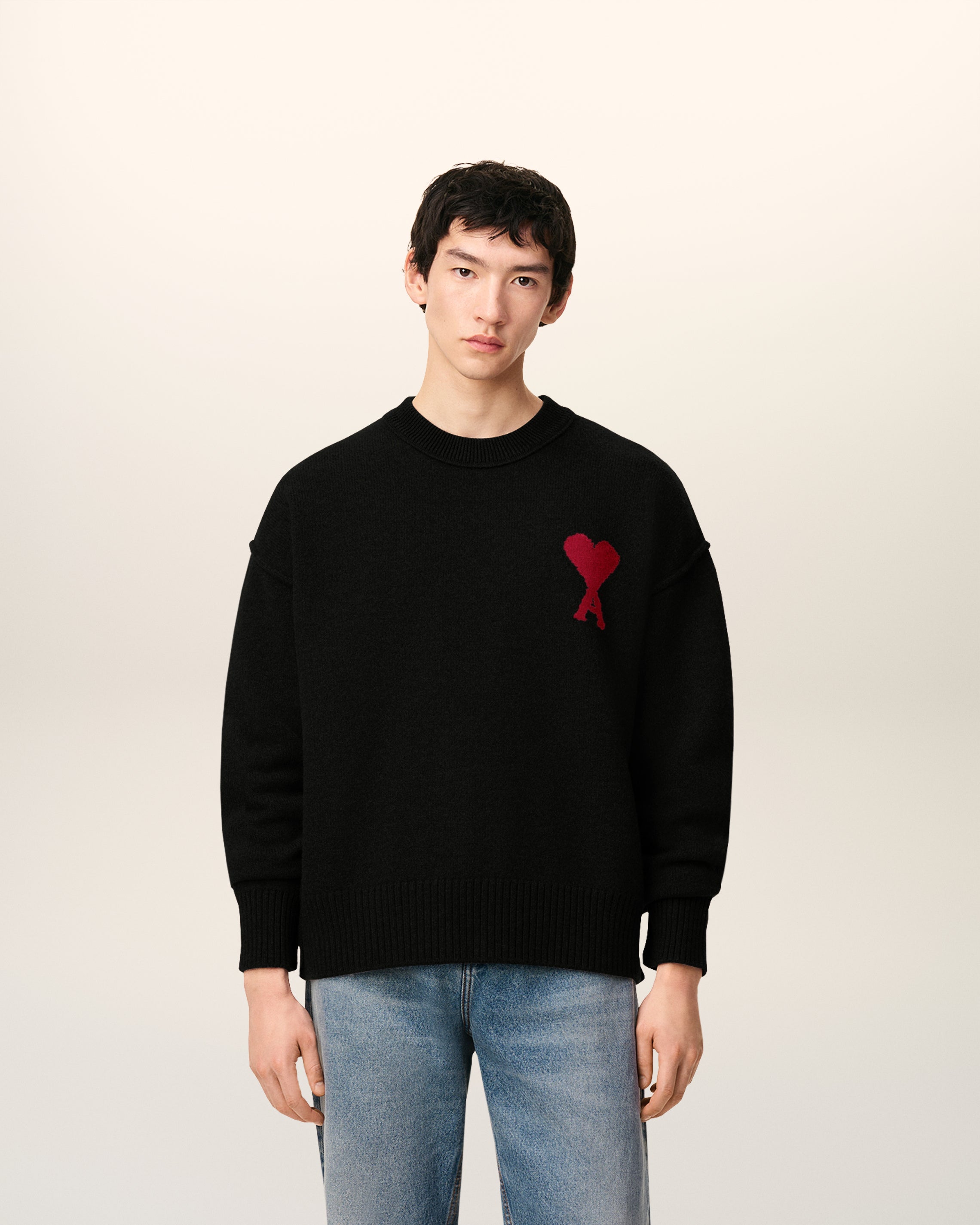 Ami Paris ニット ブラック AMI DE COEUR BLACK/RED Black Wool Ami De Coeur Crewneck Sweater | AMI PARIS