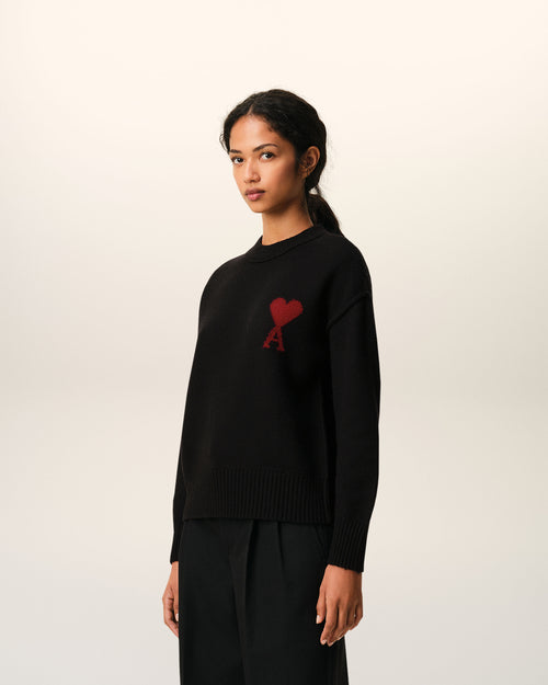 Black Wool Crewneck Sweater With Contrasted Ami De Coeur - 12 - Ami Paris
