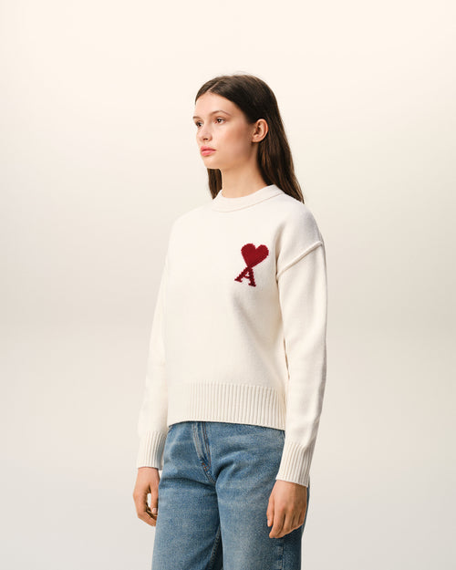 Natural Wool Crewneck Sweater With Contrasted Ami De Coeur - 12 - Ami Paris