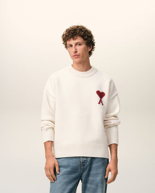 Natural Wool Crewneck Sweater With Contrasted Ami De Coeur - Man - 2 - AMI Paris - Ami Paris