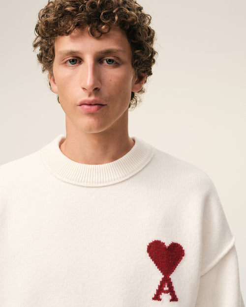 Natural Wool Crewneck Sweater With Contrasted Ami De Coeur - 4 - Ami Paris
