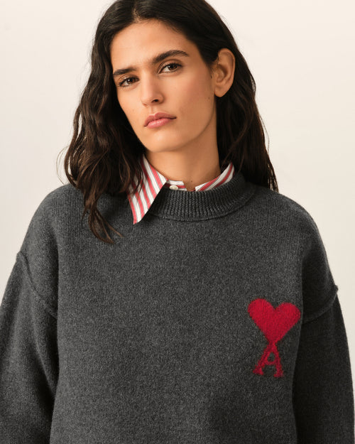 Grey crewneck wool sweater with Ami de Coeur - Woman - 10 - AMI Paris - Ami Paris