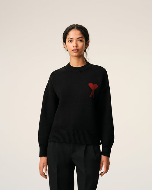 Black Wool Crewneck Sweater With Contrasted Ami De Coeur - Woman - 9 - AMI Paris - Ami Paris