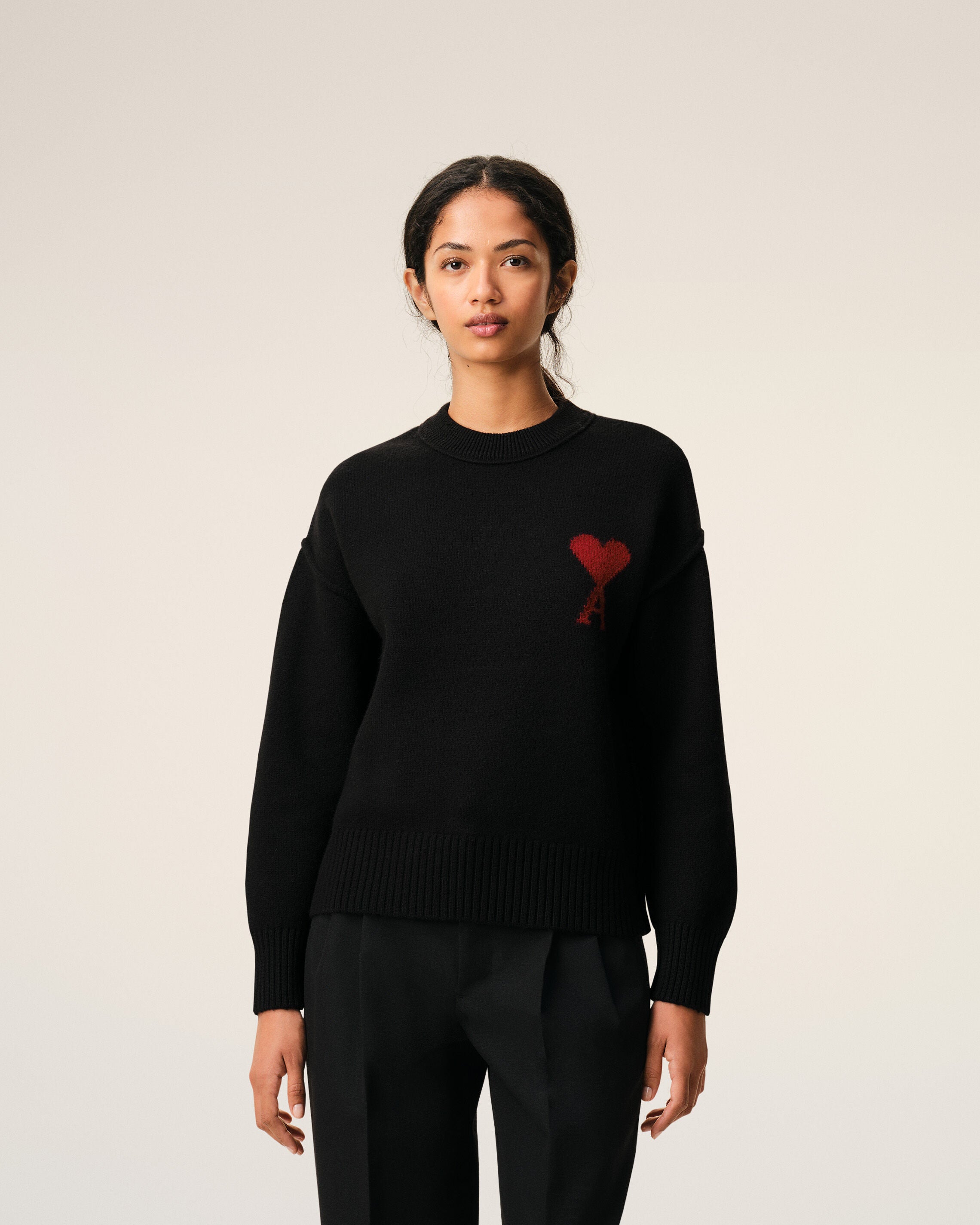 BLACK/RED Black Wool Ami De Coeur Crewneck Sweater | AMI PARIS