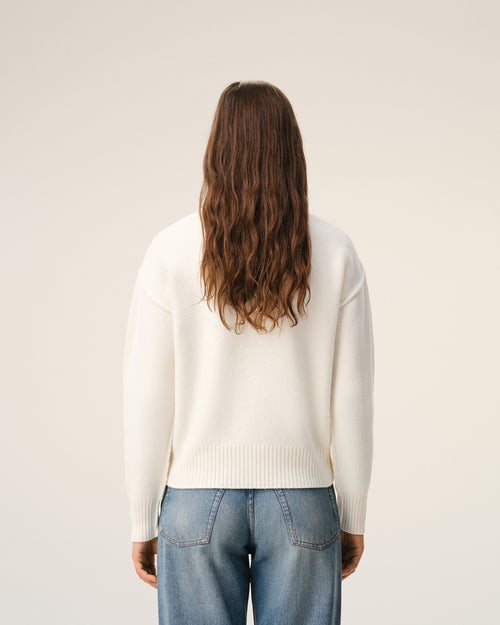 Natural Wool Crewneck Sweater With Contrasted Ami De Coeur - Woman - 10 - AMI Paris - Ami Paris