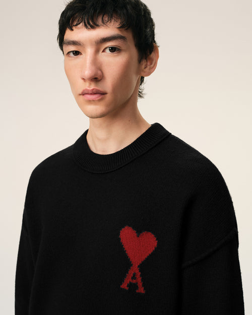 Black Wool Crewneck Sweater With Contrasted Ami De Coeur - Man - 4 - AMI Paris - Ami Paris