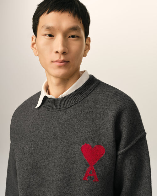 Grey crewneck wool sweater with Ami de Coeur - Man - 4 - AMI Paris - Ami Paris