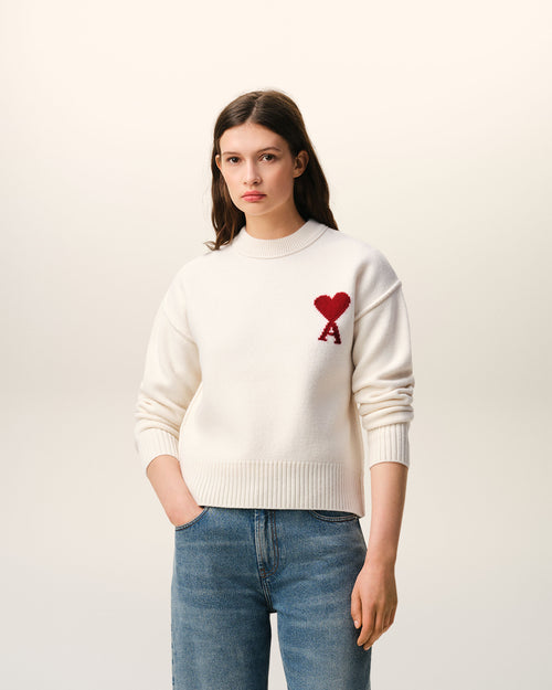 Natural Wool Crewneck Sweater With Contrasted Ami De Coeur - Woman - 8 - AMI Paris - Ami Paris