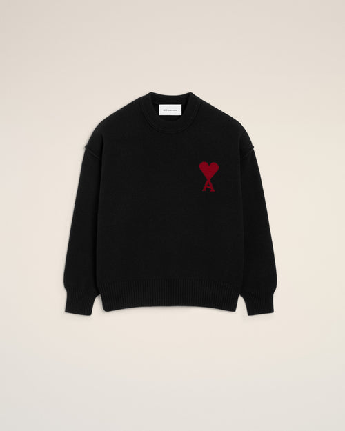 Black Wool Crewneck Sweater With Contrasted Ami De Coeur - Man - 1 - AMI Paris - Ami Paris