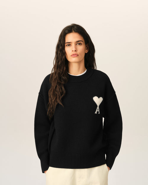 Black crewneck wool sweater with Ami de Coeur - Woman - 8 - AMI Paris - Ami Paris