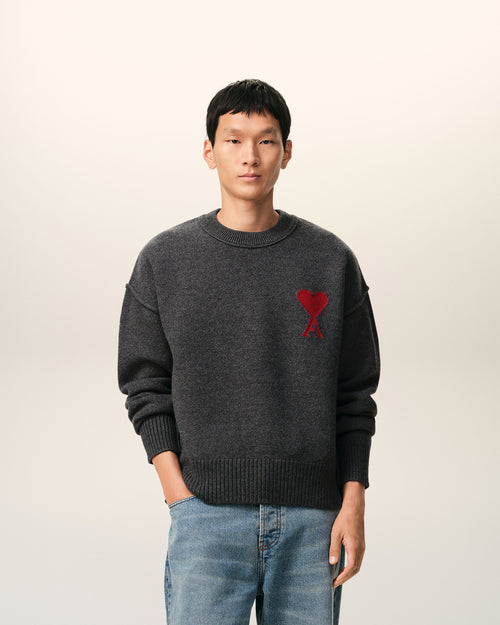 Grey Wool Crewneck Sweater With Contrasted Ami De Coeur - 1 - Ami Paris