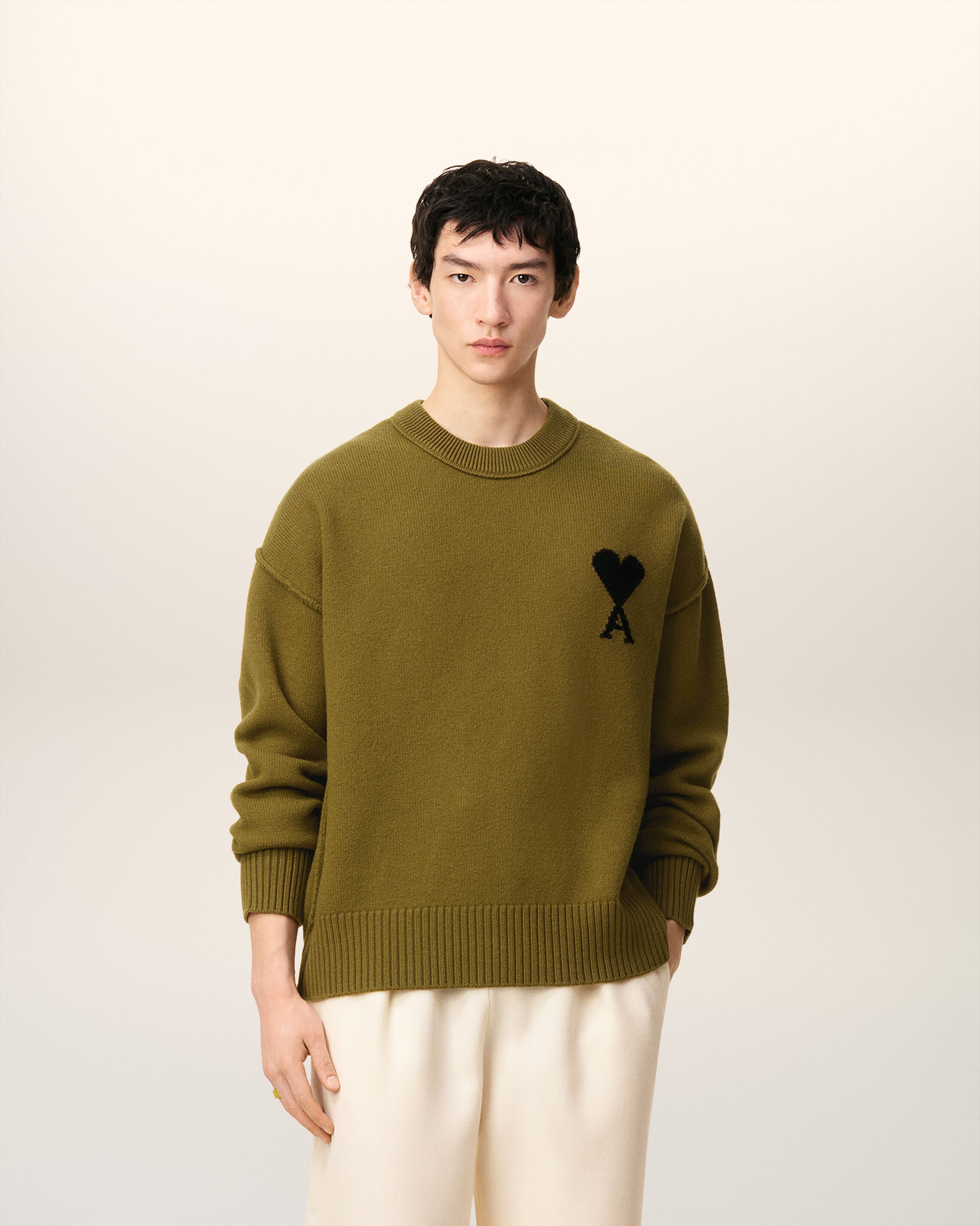 ✩ Ami ✩ 2988-BRONZE/BLACK Green Wool Ami De Coeur Crewneck Sweater | AMI PARIS
