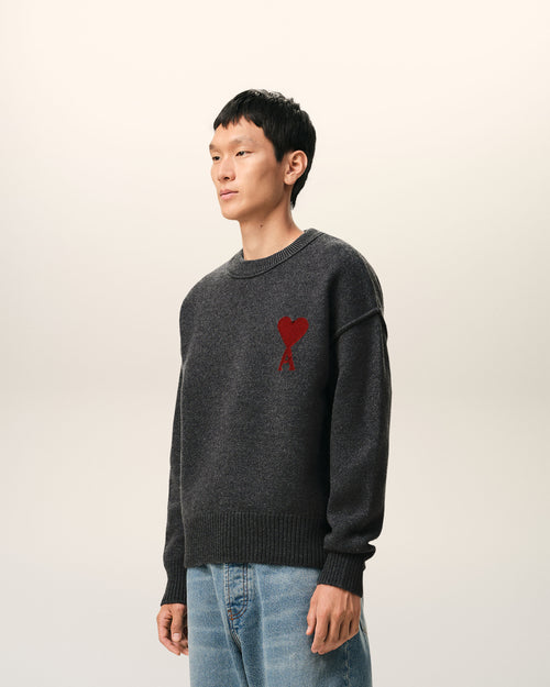 Grey Wool Crewneck Sweater With Contrasted Ami De Coeur - Man - 6 - AMI Paris - Ami Paris