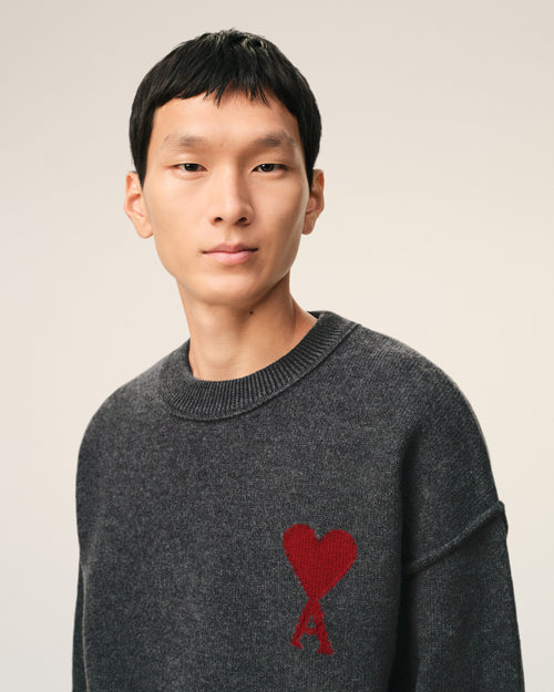 Grey Wool Crewneck Sweater With Contrasted Ami De Coeur - 4 - Ami Paris