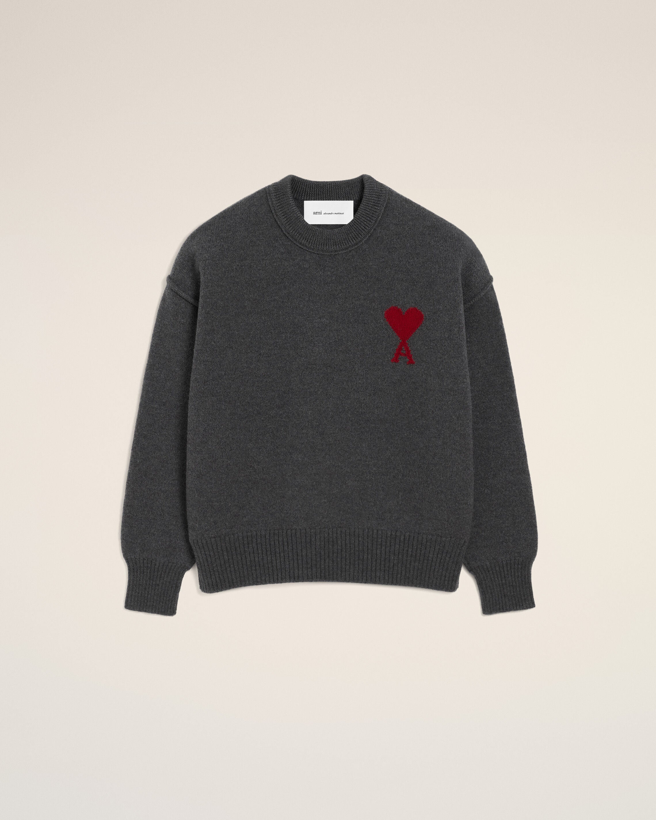 Grey Wool Crewneck Sweater With Contrasted Ami De Coeur - 1