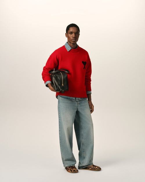 Red crewneck wool sweater with Ami de Coeur - Man - 3 - AMI Paris - Ami Paris