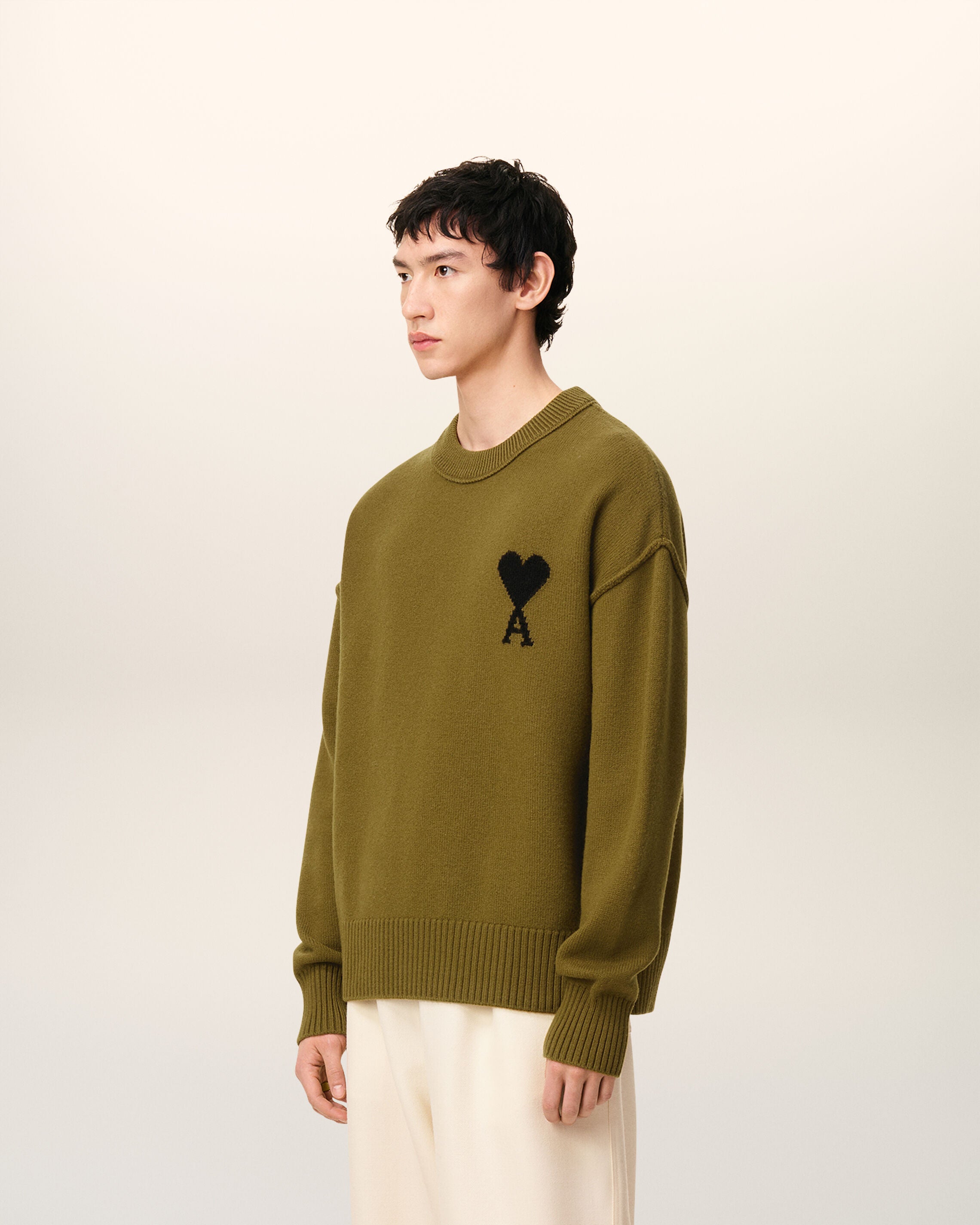 2988-BRONZE/BLACK Green Wool Ami De Coeur Crewneck Sweater | AMI PARIS