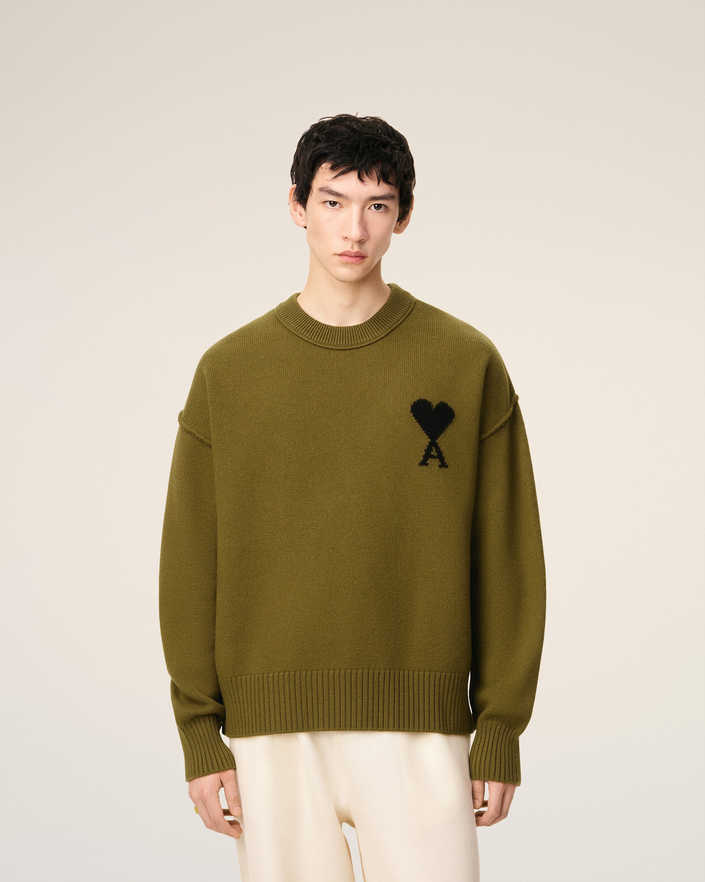 2988-BRONZE/BLACK Green Wool Ami De Coeur Crewneck Sweater | AMI PARIS