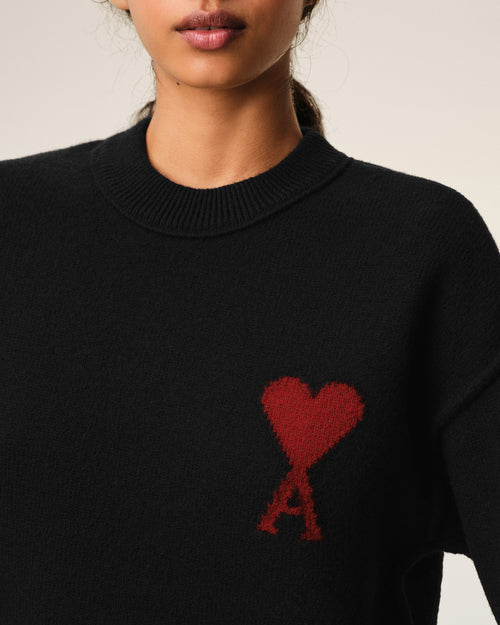 Black Wool Crewneck Sweater With Contrasted Ami De Coeur - Woman - 10 - AMI Paris - Ami Paris