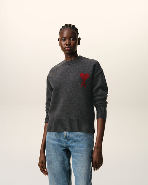 Grey Wool Crewneck Sweater With Contrasted Ami De Coeur - Woman - 8 - AMI Paris - Ami Paris