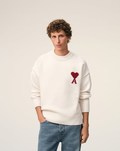 Natural Wool Crewneck Sweater With Contrasted Ami De Coeur - Man - 3 - AMI Paris - Ami Paris