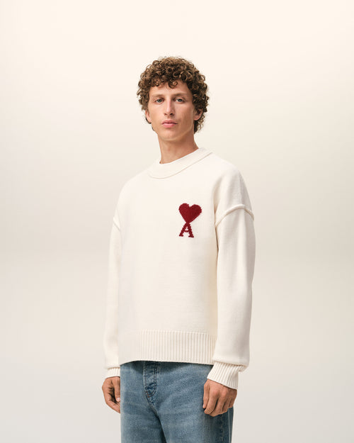 Natural Wool Crewneck Sweater With Contrasted Ami De Coeur - Man - 6 - AMI Paris - Ami Paris