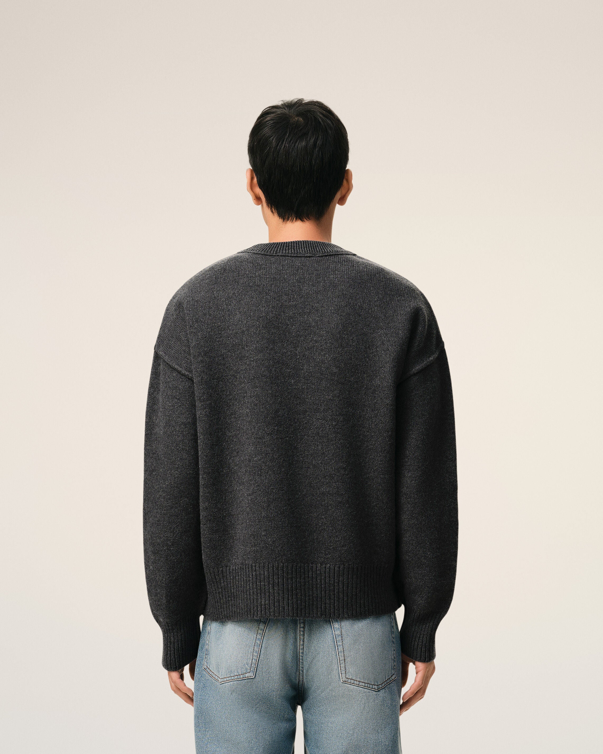Grey Wool Crewneck Sweater With Contrasted Ami De Coeur - 5