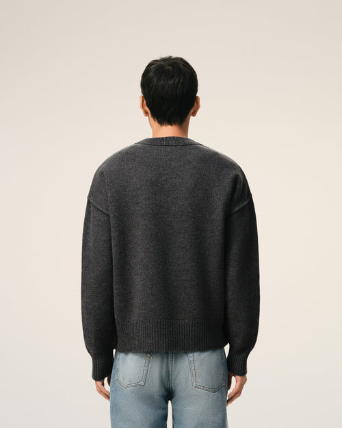 Grey Wool Crewneck Sweater With Contrasted Ami De Coeur - Man - 5 - AMI Paris - Ami Paris