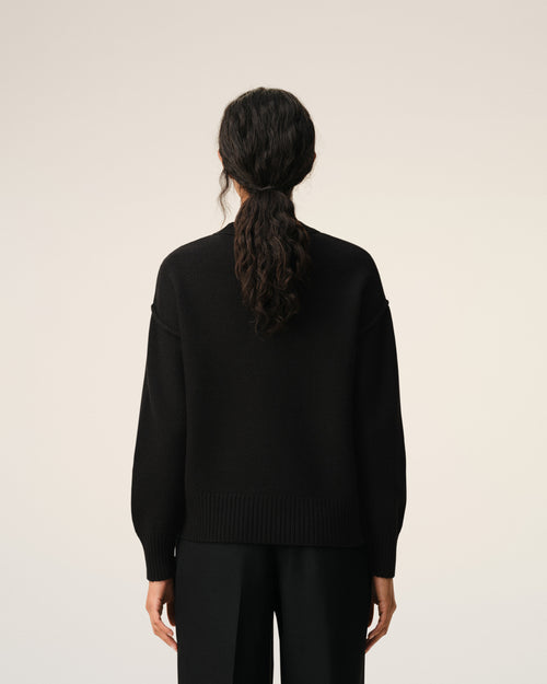 Black Wool Crewneck Sweater With Contrasted Ami De Coeur - Woman - 11 - AMI Paris - Ami Paris