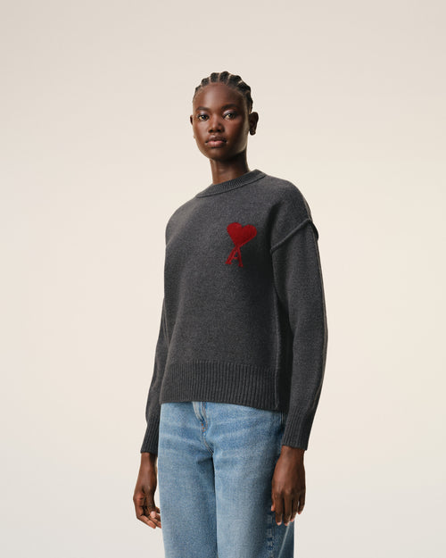 Grey Wool Crewneck Sweater With Contrasted Ami De Coeur - 9 - Ami Paris