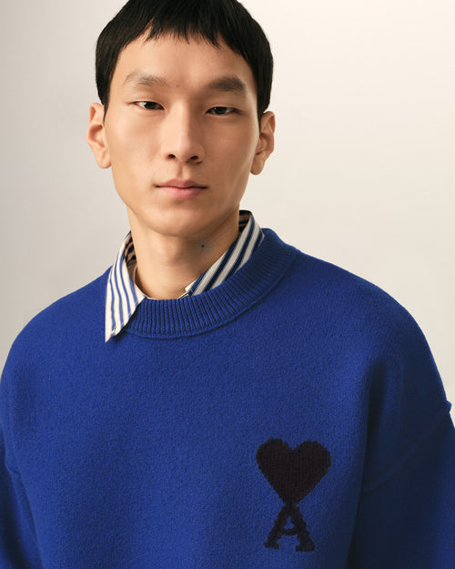 Blue crewneck wool sweater with Ami de Coeur - Man - 4 - AMI Paris - Ami Paris