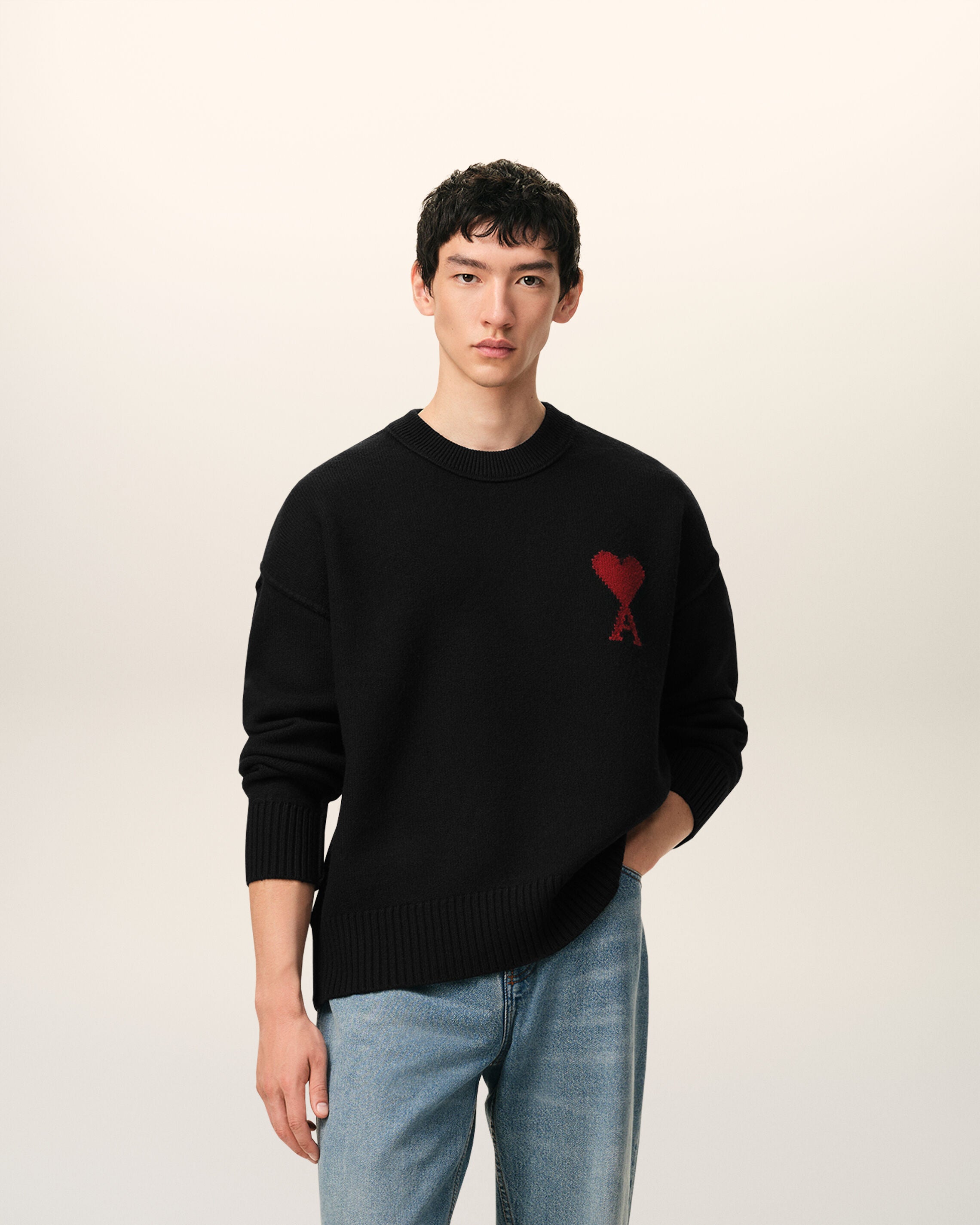 Black Wool Crewneck Sweater With Contrasted Ami De Coeur - 2